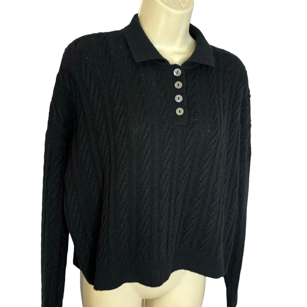 Autumn Cashmere Boxy Cable Knit Polo Cashmere Sweater Black Soft Luxury XS